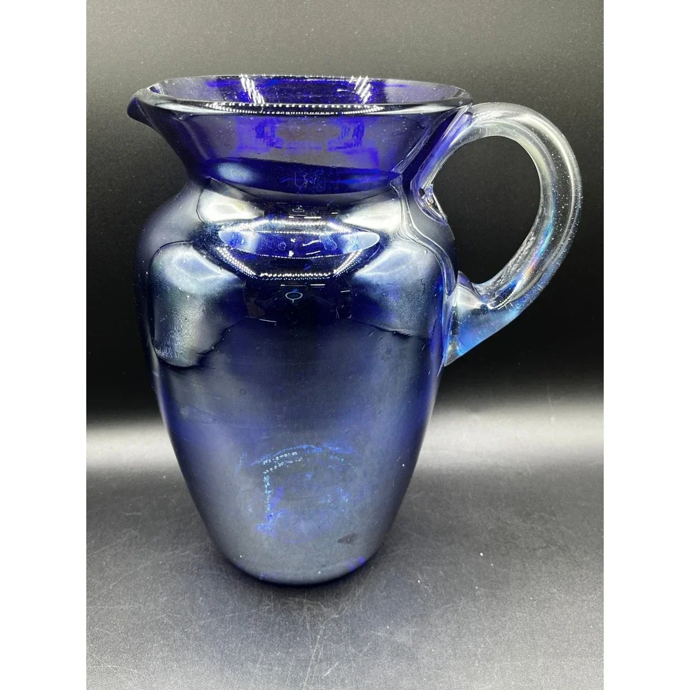 Vtg Cobalt Blue Hand Blown Glass Pitcher Clear Handle 9.25